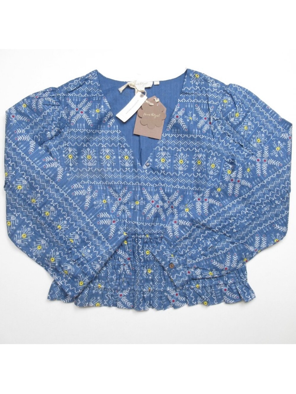 Anthropologie Forever That Girl Embroidered Smocked Blouse Blue Medium